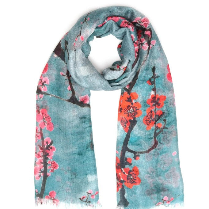 Scarf with cherry blossom design on a white background