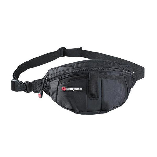 A black compact waist pack with an adjustable hip belt and front utility sleeve, branded with 'Caribee'.