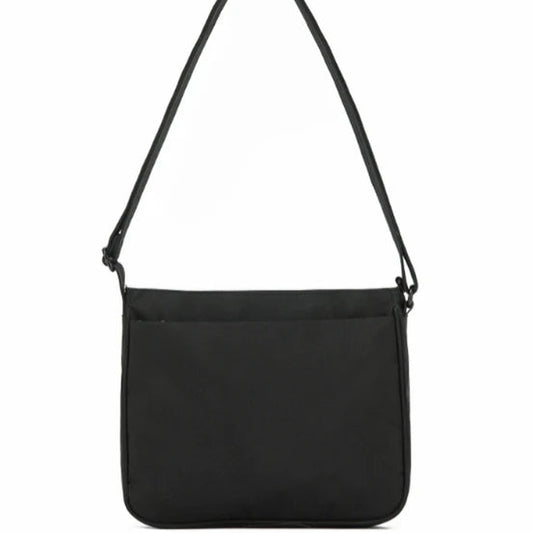 Black shoulder bag on a white background