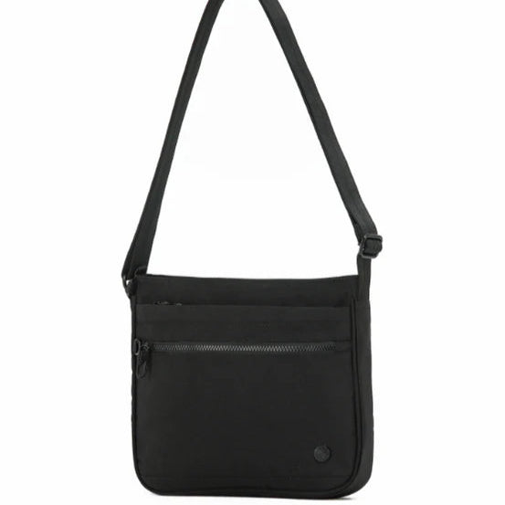 Black crossbody bag on a white background