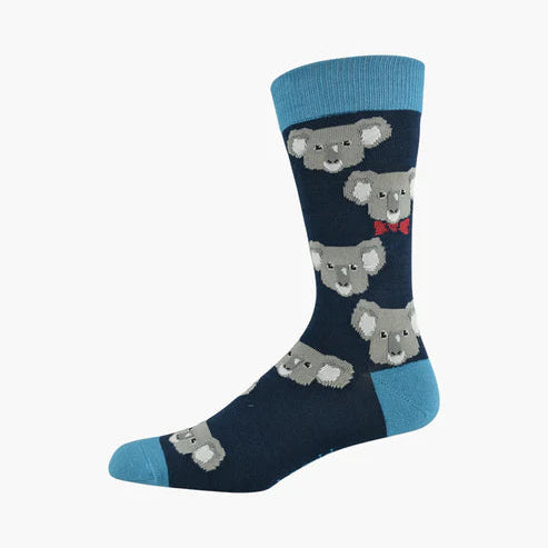 Men’s Bamboo Sock in sustainable bamboo blend – soft, breathable, eco-friendly, and designed in Melbourne.  Koala with Bow Tie.