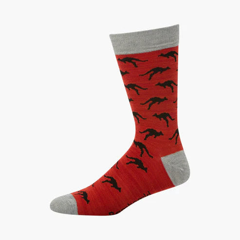 Men’s Bamboo Sock in sustainable bamboo blend – soft, breathable, eco-friendly, and designed in Melbourne.  Kangaroos on red.