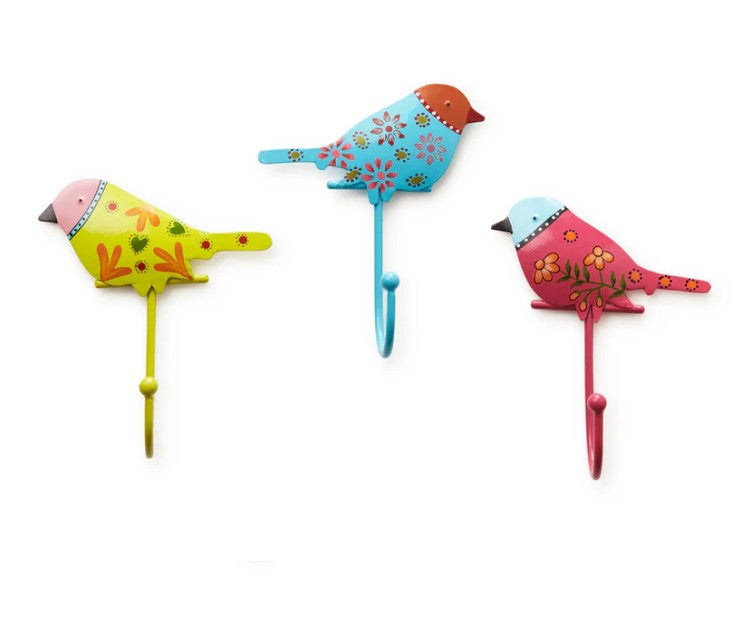 Three colorful bird-shaped hooks on a white background