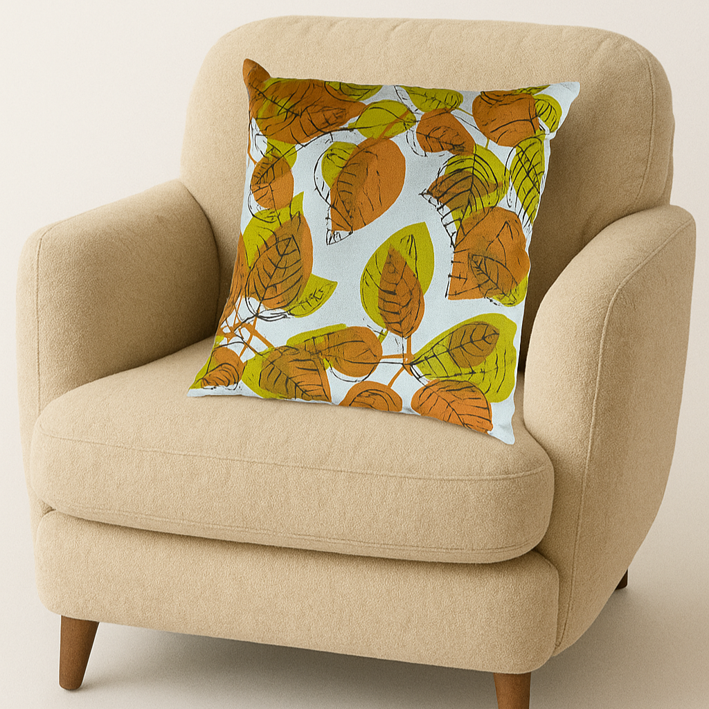 Beige armchair with a decorative pillow featuring leaf patterns on a plain background