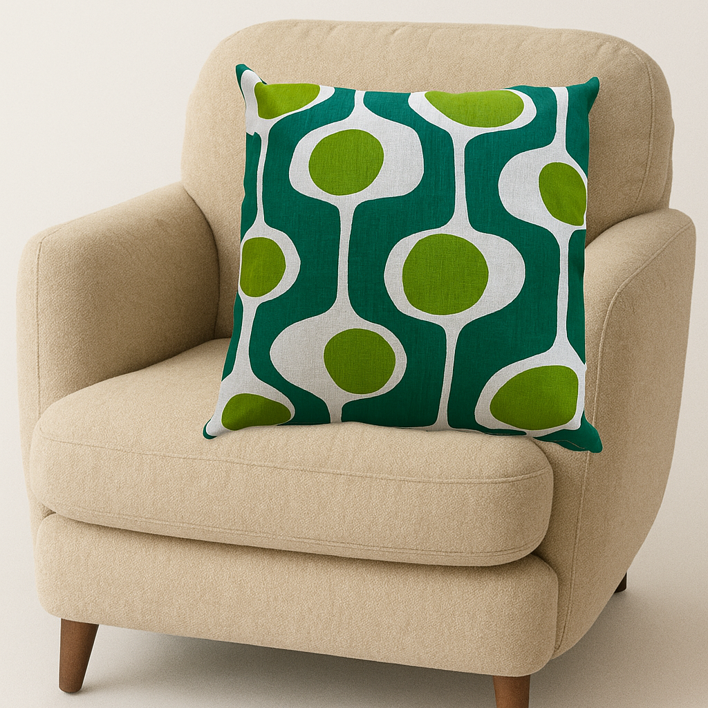 Beige armchair with a green and white patterned pillow on a beige background