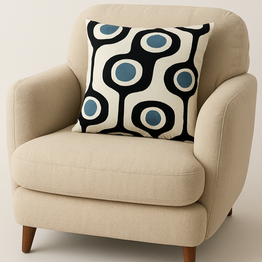 Beige armchair with a decorative pillow featuring blue and black patterns on a plain background