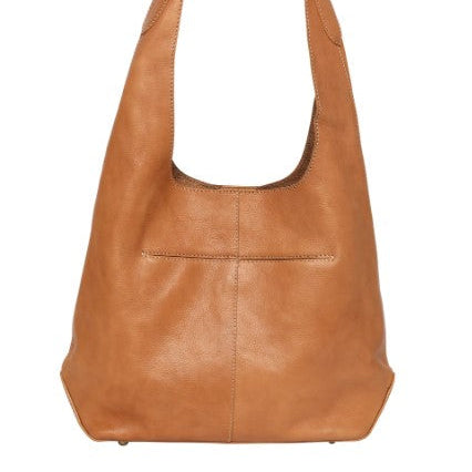 Brown leather shoulder bag on a white background