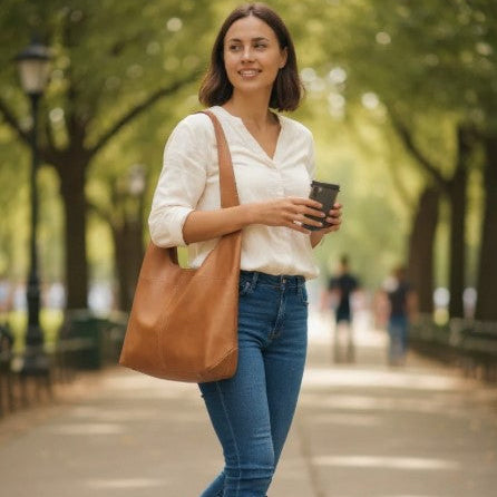 Woman walking outdoors holding a coffee cup and brown bag