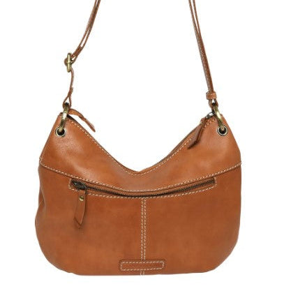 Brown leather handbag with a strap on a white background