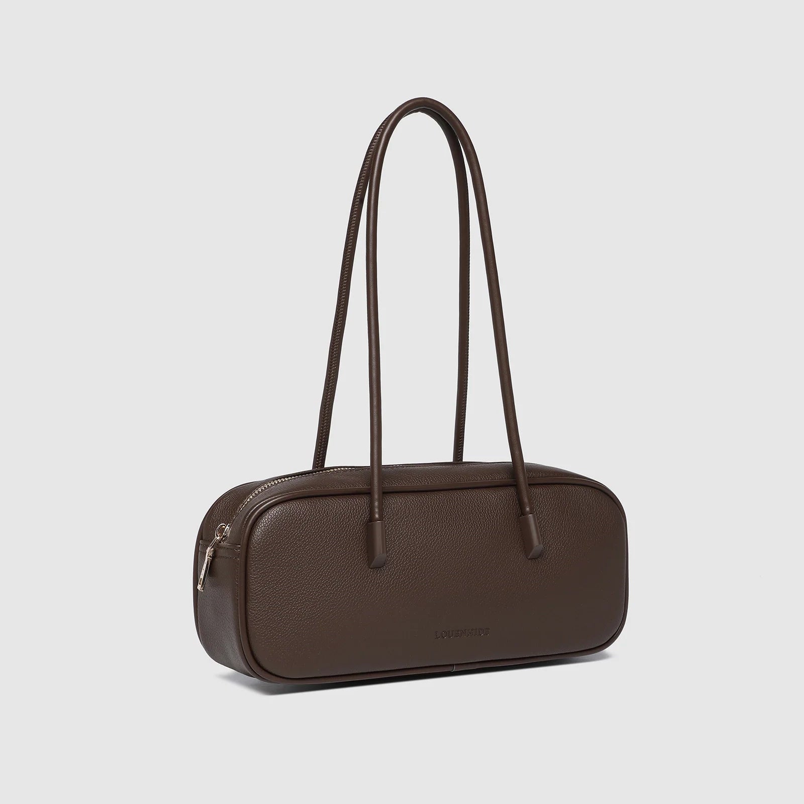 Structured women’s shoulder bag in chocolate vegan leather view from angle