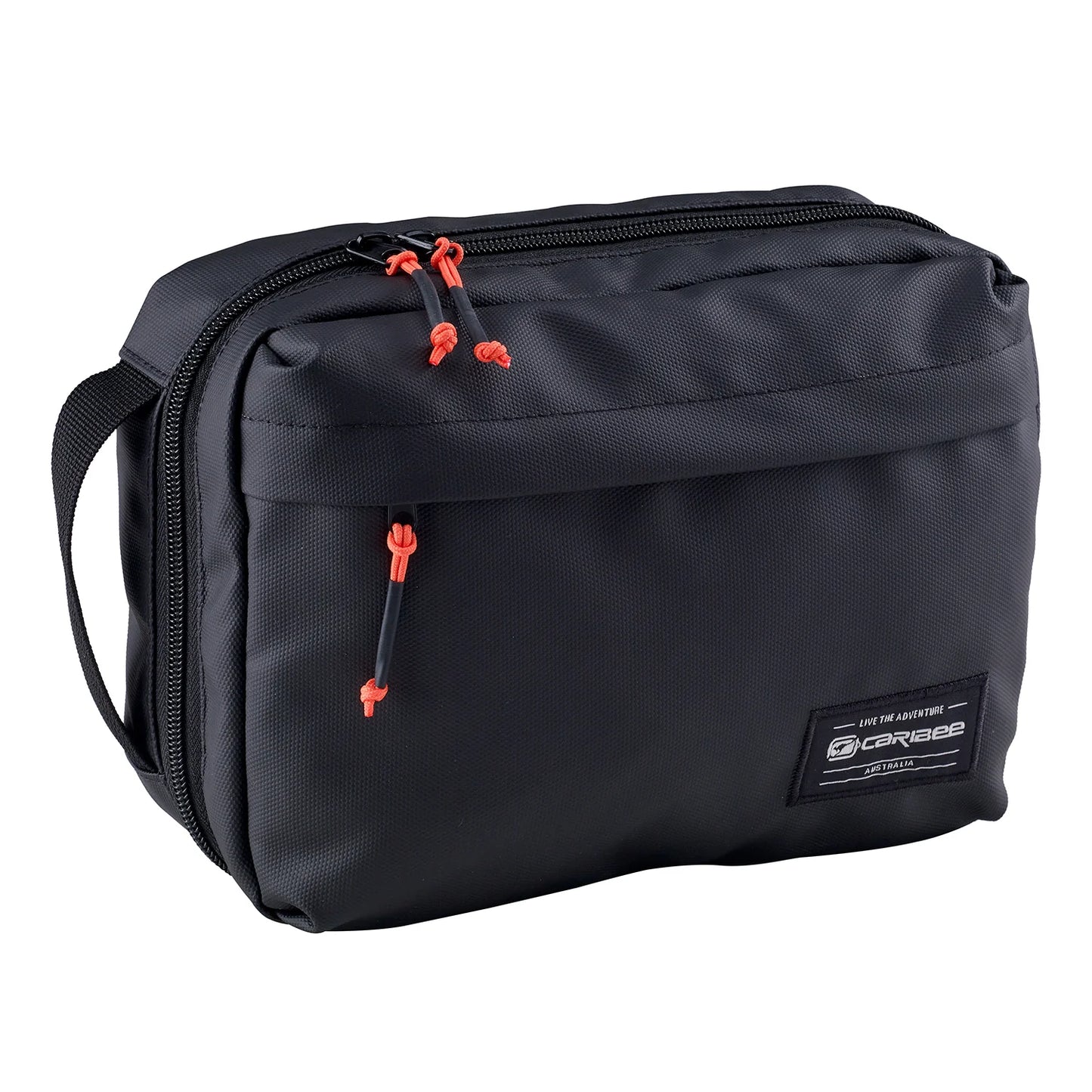 Black toiletry bag with red zippers on a white background