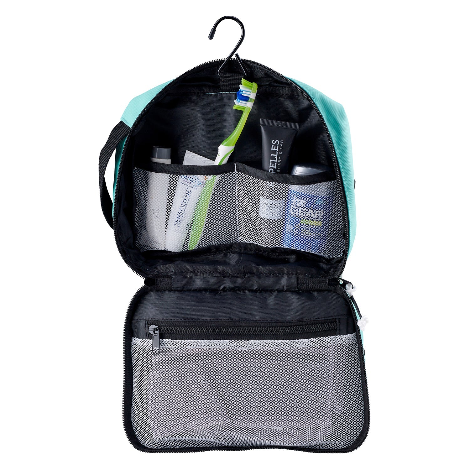 Open toiletry bag with products on a white background