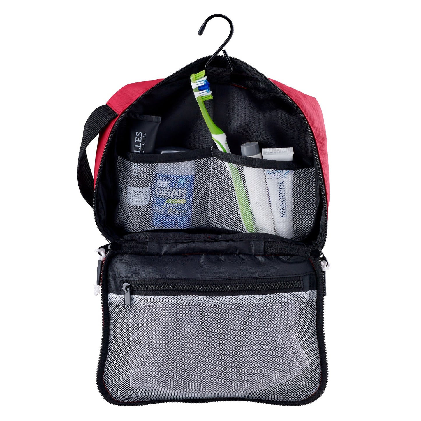 Red hanging with toiletries bag.