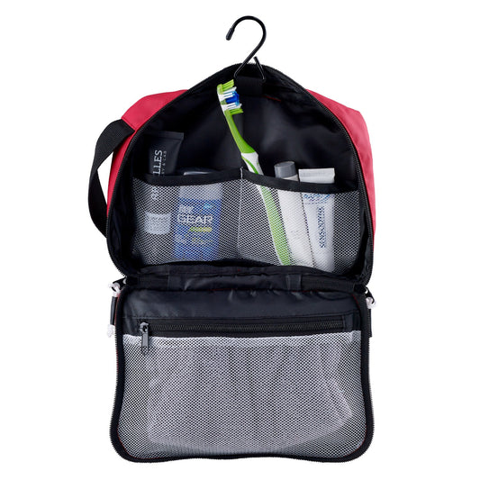 Red hanging with toiletries bag.