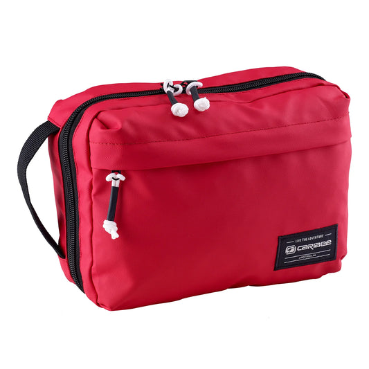 Red toiletry bag with black zippers on a white background