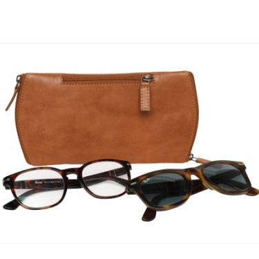 Brown leather pouch that can fit two pairs of eyeglasses on a white background