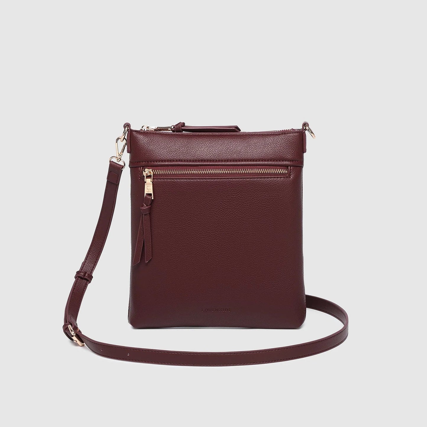 Structured burgundy crossbody satchel with adjustable shoulder strap and sleek detailing back view