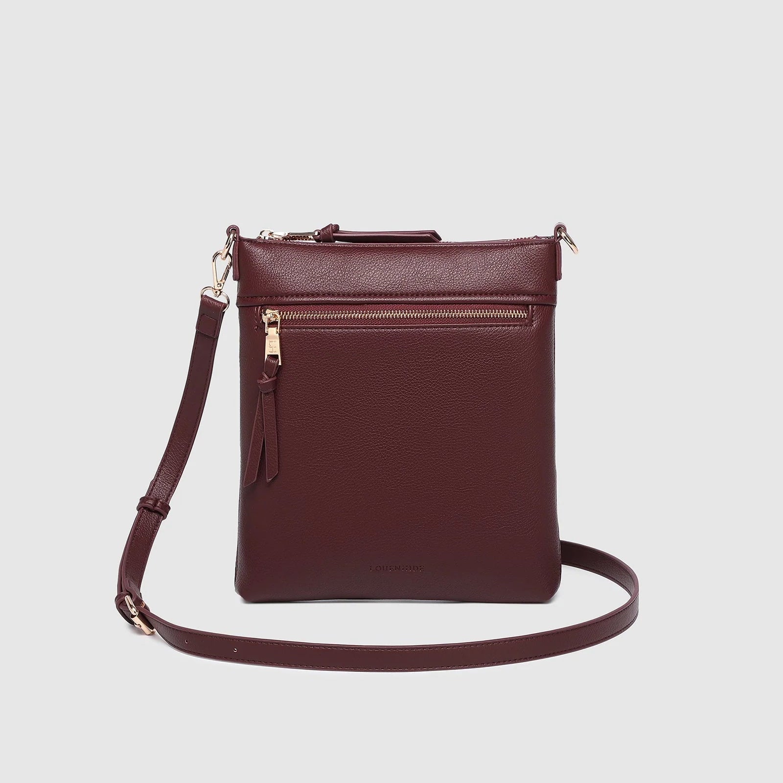 Structured burgundy crossbody satchel with adjustable shoulder strap and sleek detailing back view