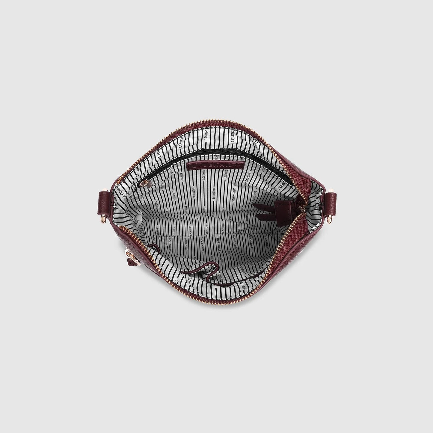 Burgundy satchel crossbody handbag by Louenhide featuring zip closure and spacious interior