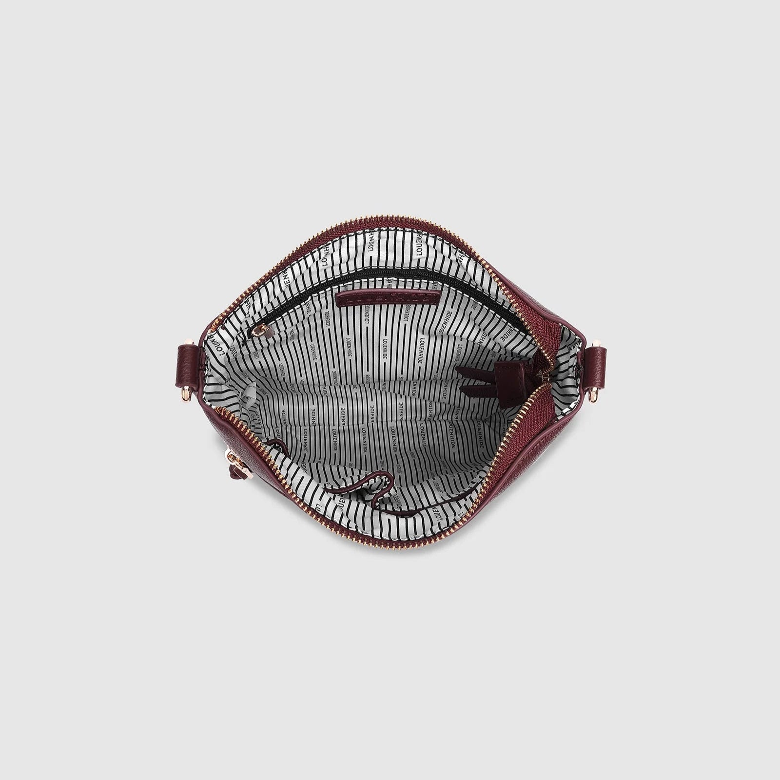 Burgundy satchel crossbody handbag by Louenhide featuring zip closure and spacious interior