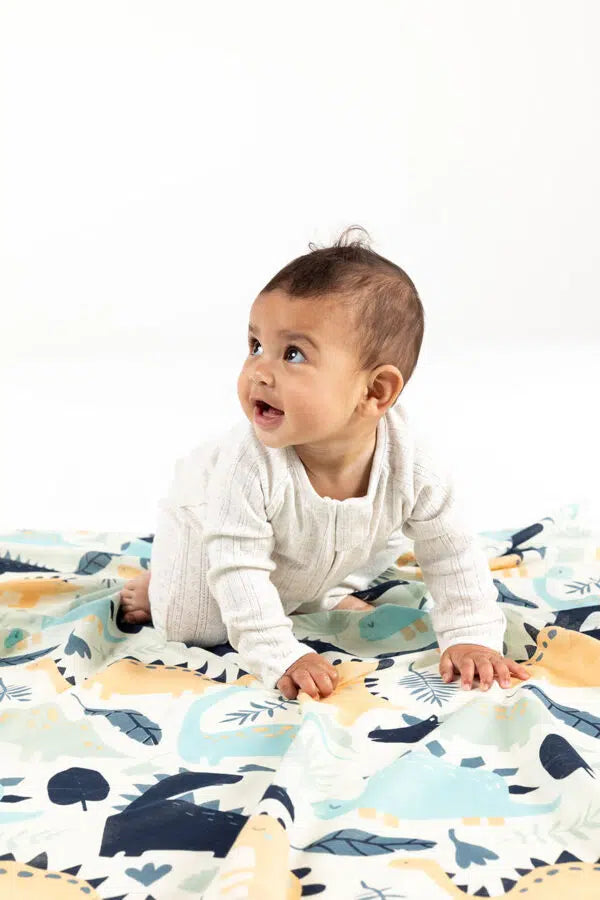 Indus Design Dinosaur Baby Swaddle - Cotton in Natural, Indigo, and Duck Egg."