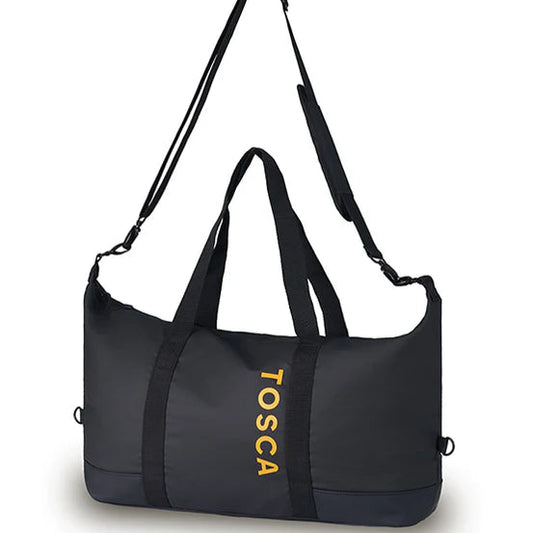 Black duffel bag with 'TOSCA' branding on a white background