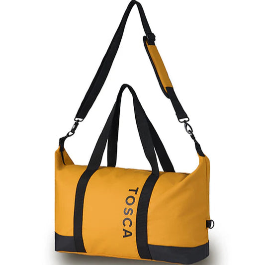 Yellow duffel bag with black accents and 'Tosca' branding on a white background