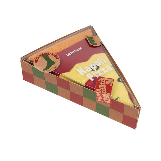 Playful novelty socks packaged in surprise designs.  Napoli Pizza.