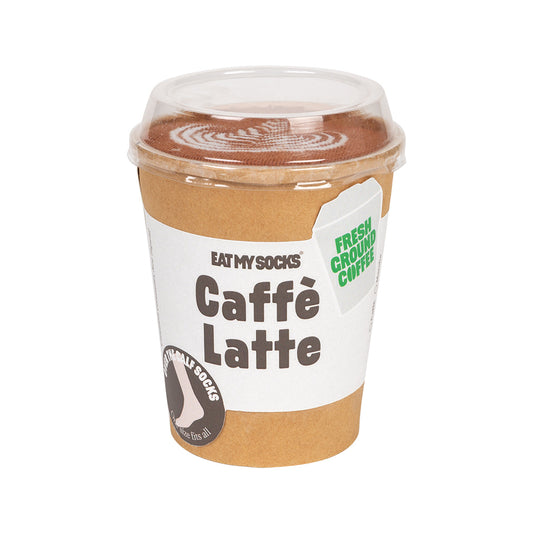 Caffè Latte container with 'Eat My Socks' branding on a white background