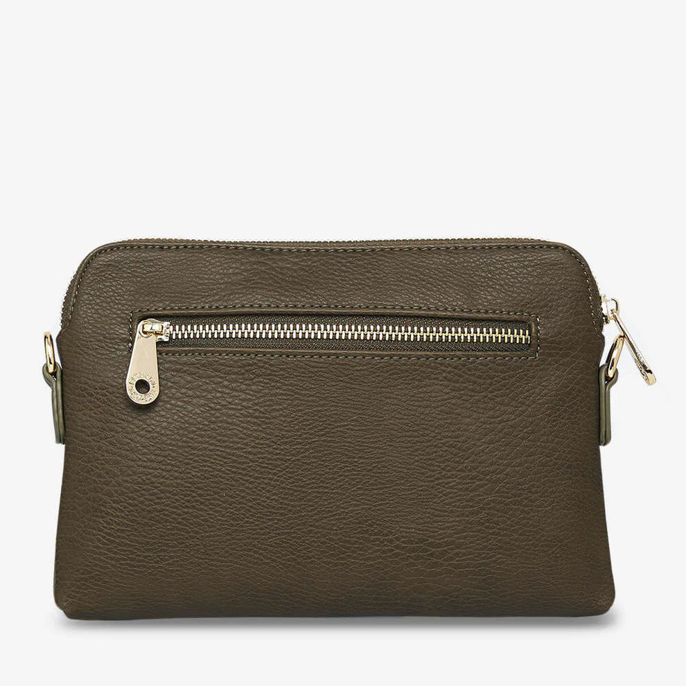 Khaki clutch bag with gold zipper on a white background