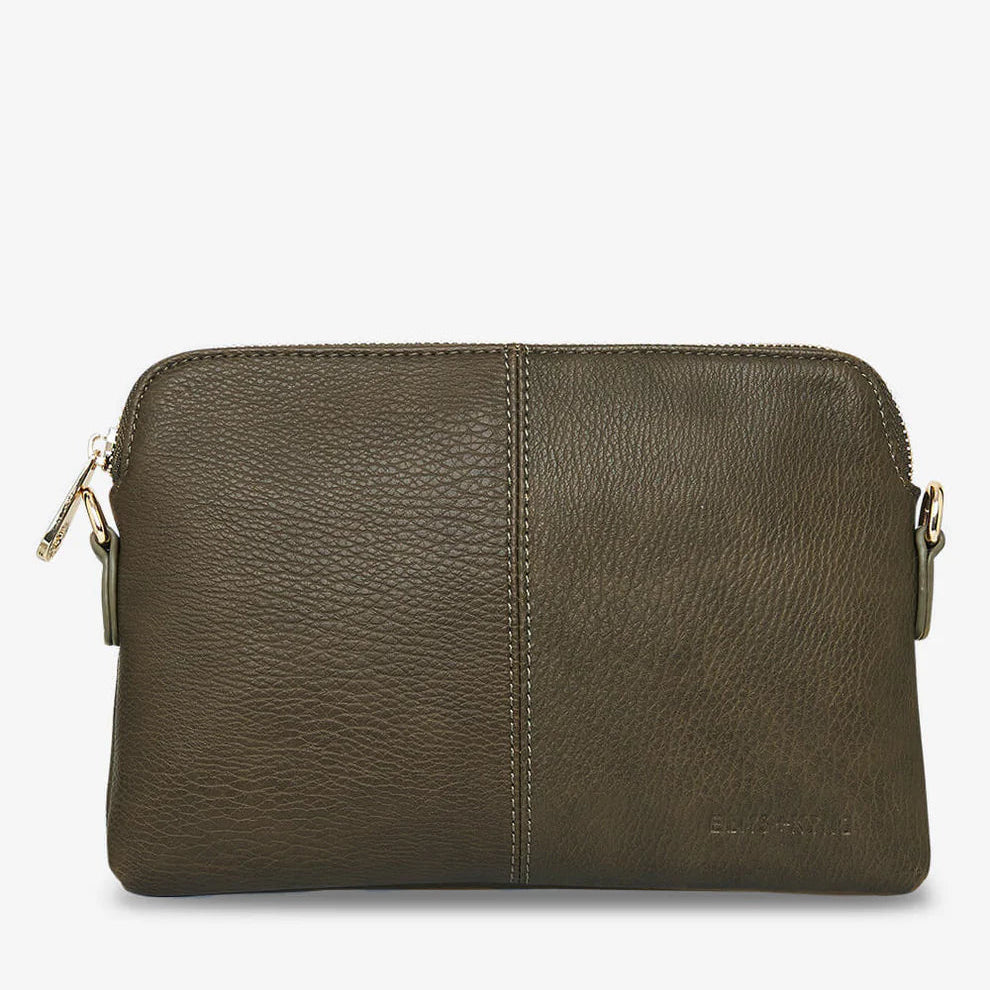 Khaki wallet with gold zipper on a white background