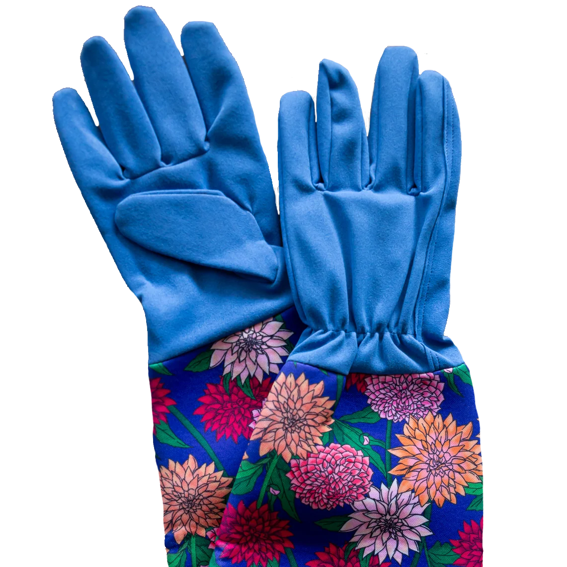 Blue gardening gloves with colorful floral pattern on a white background