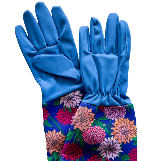 Blue gardening gloves with colorful floral pattern on a white background