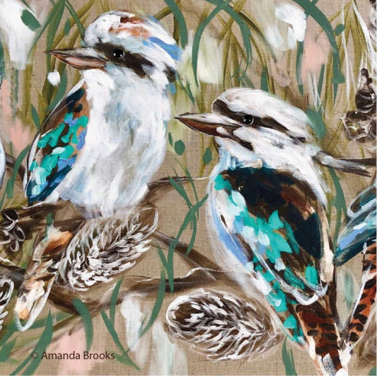 Artistic depiction of two kookaburras on a branch with a natural background