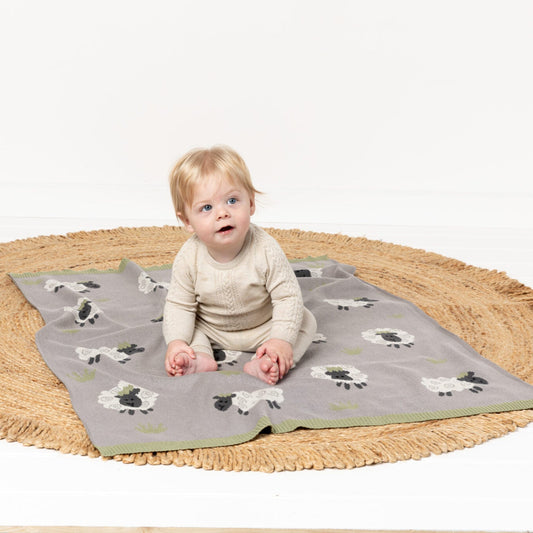 Baby sitting on a gray play mat with sheep prints on a round woven rug.