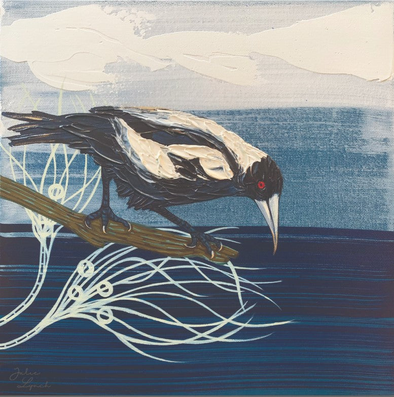 Artistic depiction of a magpie on a branch with a stylized background