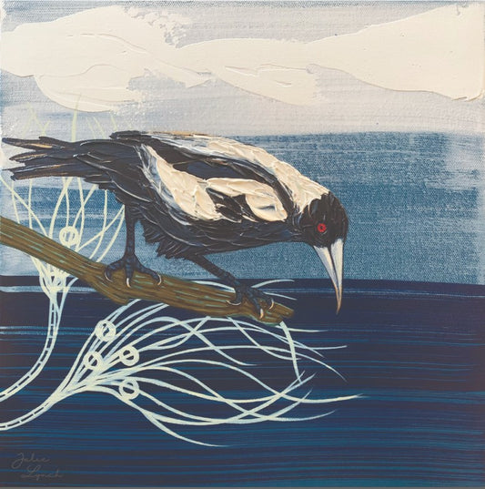 Artistic depiction of a magpie on a branch with a stylized background