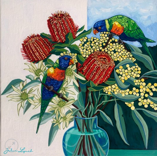 Painting of two parrots perched on flowers with a blue vase in the foreground.