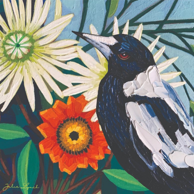 Artistic depiction of a bird among flowers and leaves