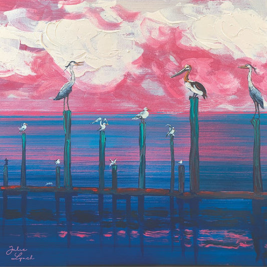 Painting of birds on posts with a colorful sky and water.