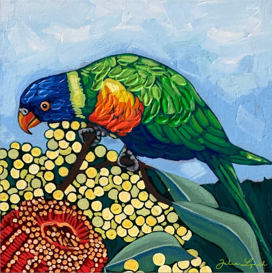 Colorful parrot painting on a textured blue background
