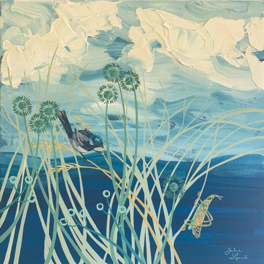 Artistic depiction of a bird among plants with a blue and green color scheme.