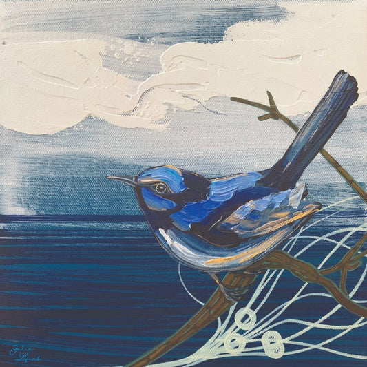 Painting of a blue bird perched on a branch with a blue and white background