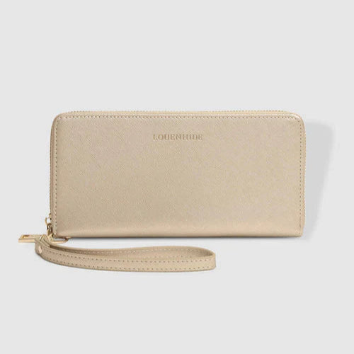Beige wallet with strap on a light gray background