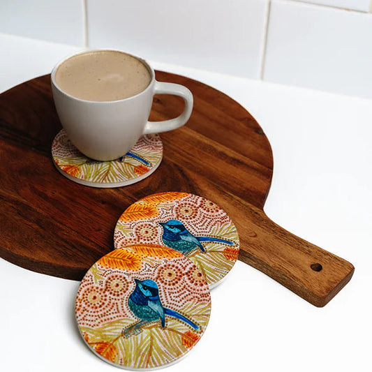 Aboriginal Blue Wren Ceramic Coaster