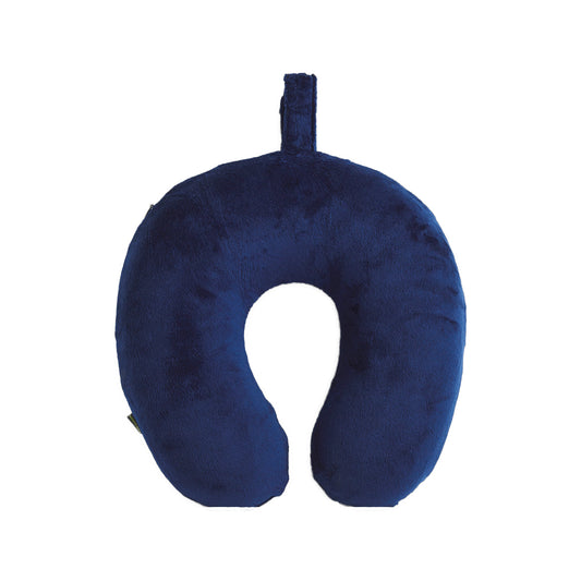 Blue U-shaped travel neck pillow on a white background