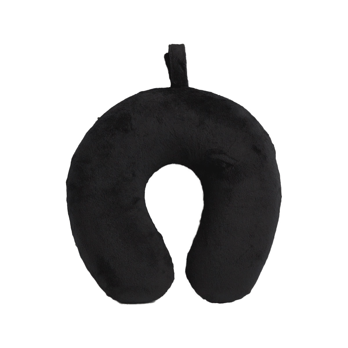Black U-shaped travel neck pillow on a white background
