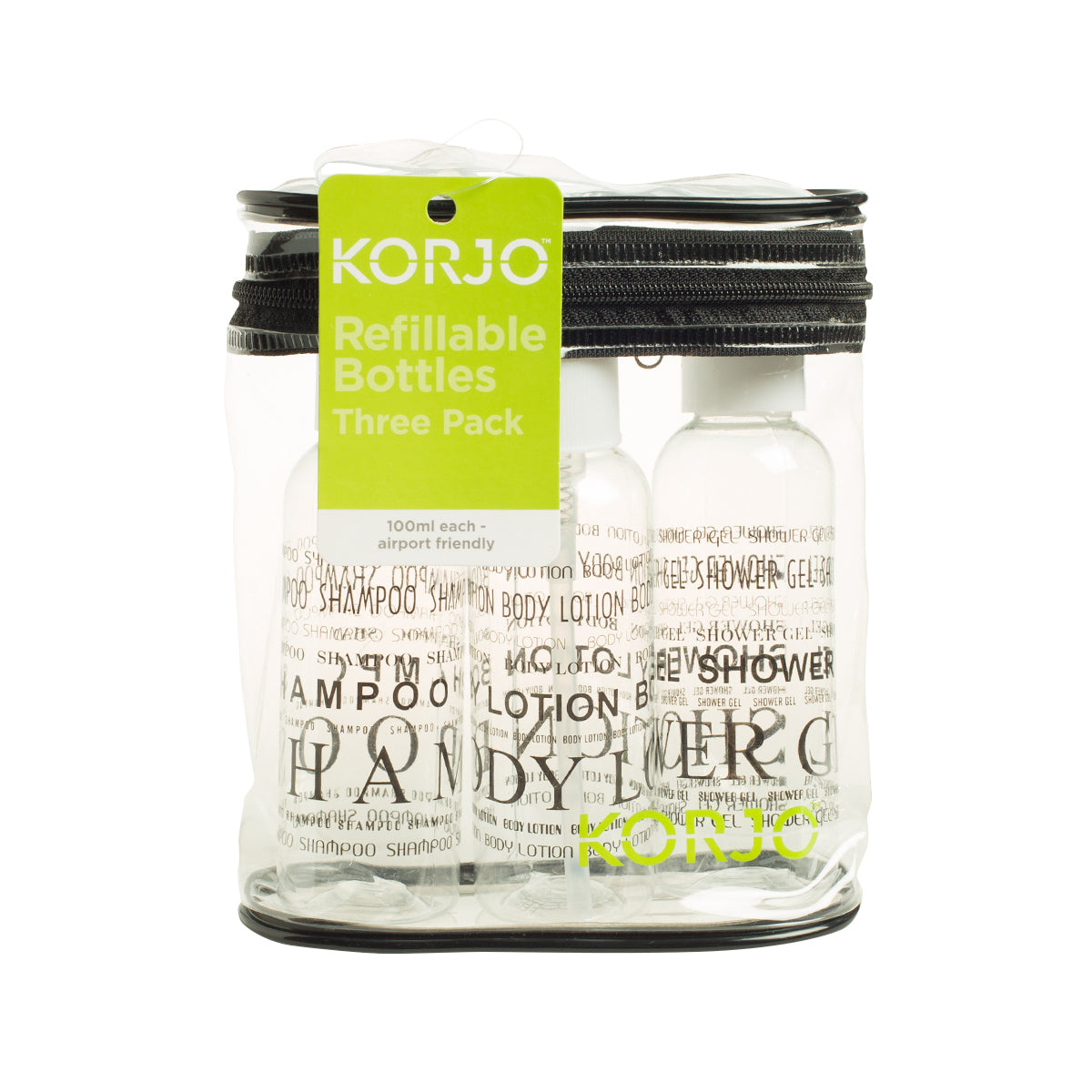 Korjo refillable bottles three-pack on a white background