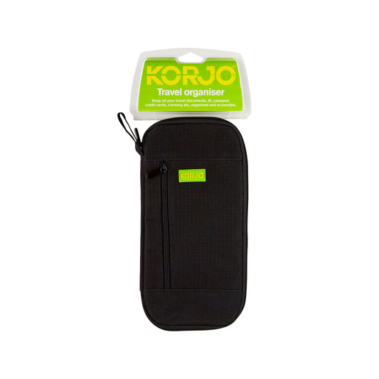 Black travel organizer with green label on a white background