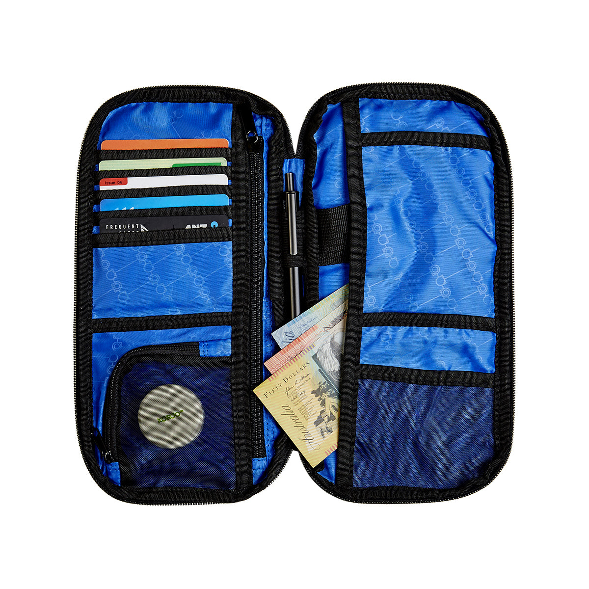 Blue travel organizer with compartments on a white background